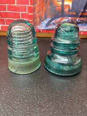 Vintage Aqua Glass Insulator Pair by Hemingray/ Unbranded